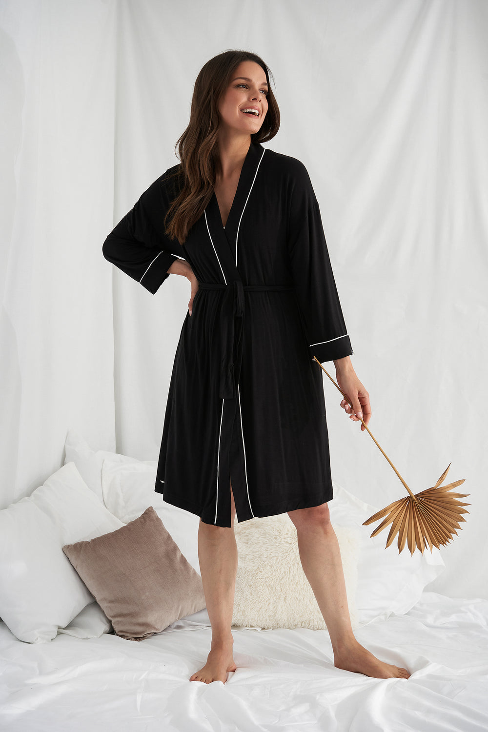 Buy Rae dunn women 2 piece textured long sleeve robes with slippers black  Online | Brands For Less